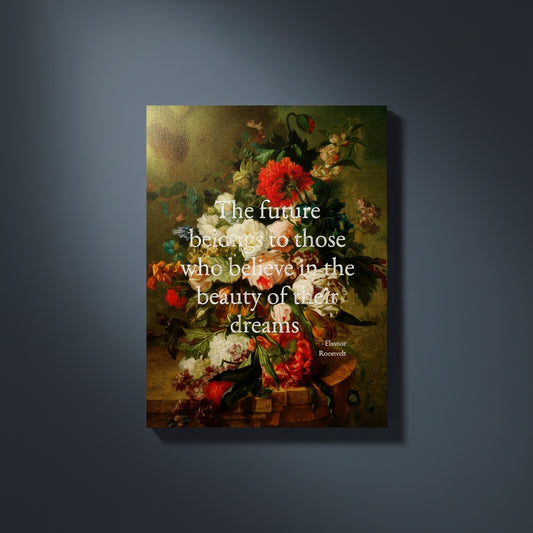 Floral still life painting with a motivational quote on blue-gray background with spotlight lighting effect. 