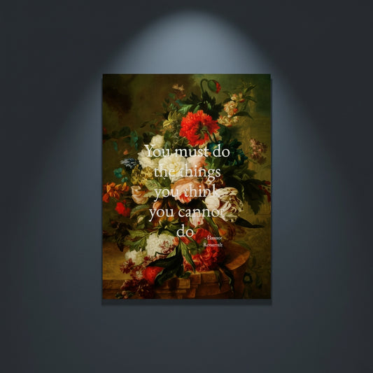 Floral still life painting with a motivational quote in gold metallic foil text hanging on blue-gray background with spotlight lighting effect. 