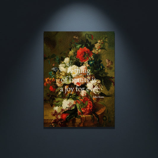 Floral still life painting with a motivational quote in gold metallic foil text hanging on blue-gray background with spotlight lighting effect. 