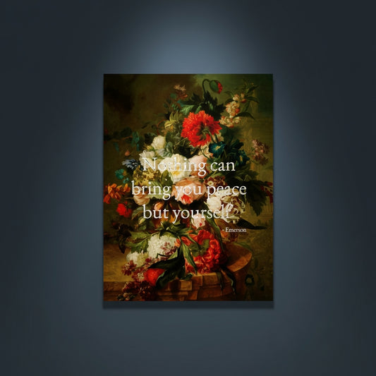 Fine Art Print Floral still life painting with a motivational quote in gold metallic foil text hanging on blue-gray background with spotlight lighting effect. 