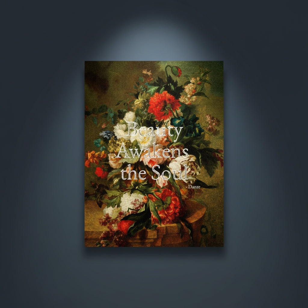 Fine Art Print Floral still life painting with a motivational quote in gold metallic foil text hanging on blue-gray background with spotlight lighting effect. 