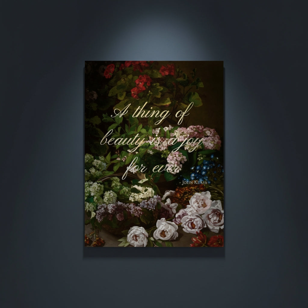 Fine Art Print Floral still life painting with a motivational quote in gold metallic foil text hanging on blue-gray background with spotlight lighting effect.