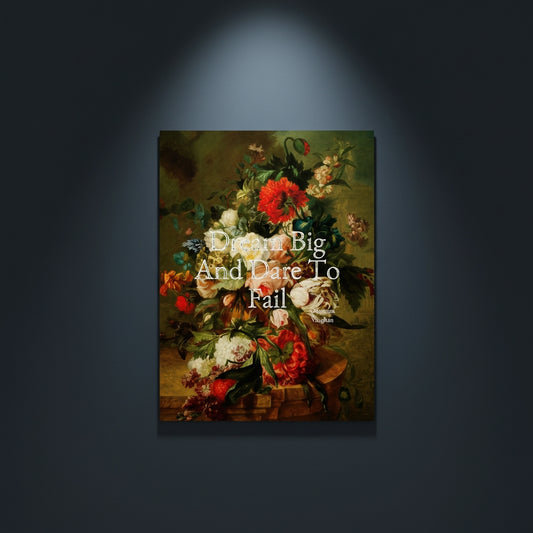 Fine Art Print Floral still life painting with a motivational quote in gold metallic foil text hanging on blue-gray background with spotlight lighting effect. 