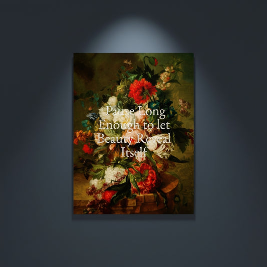 Fine Art Print Floral still life painting with a motivational quote in gold metallic foil text hanging on blue-gray background with spotlight lighting effect. 