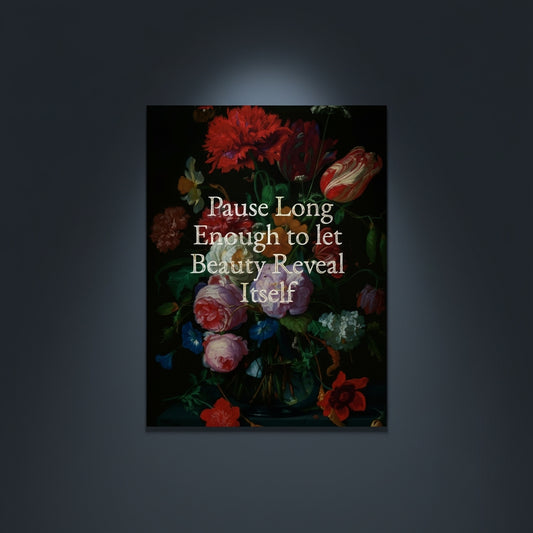 Fine Art Print Floral still life painting with a motivational quote in gold metallic foil text hanging on blue-gray background with spotlight lighting effect.