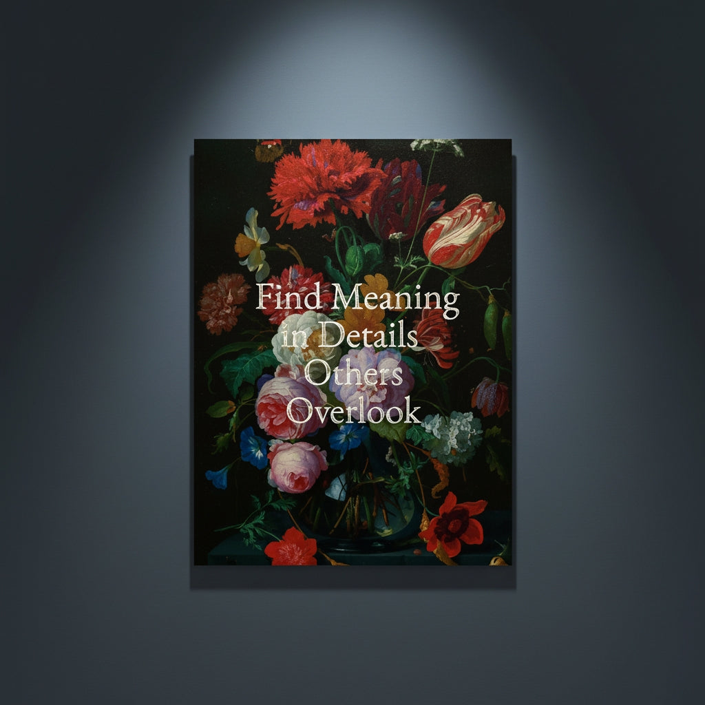 Fine Art Print Floral still life painting with a motivational quote in gold metallic foil text hanging on blue-gray background with spotlight lighting effect.