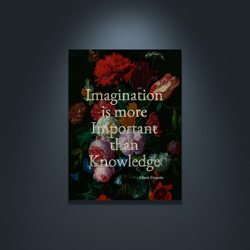 Fine Art Print Floral still life painting with a motivational quote in gold metallic foil text hanging on blue-gray background with spotlight lighting effect.