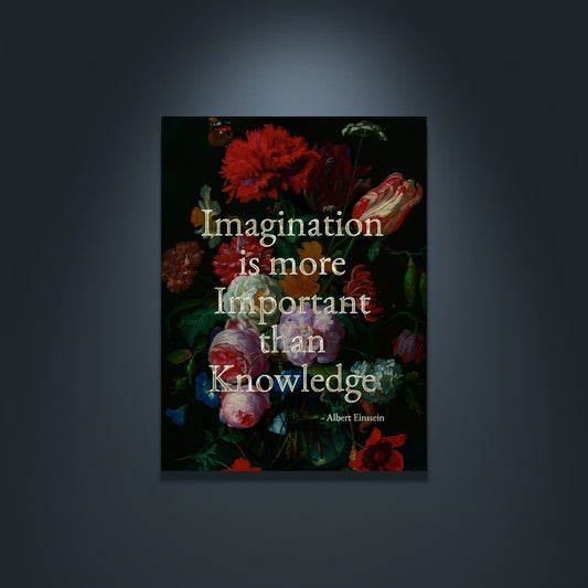 Fine Art Print Floral still life painting with a motivational quote in gold metallic foil text hanging on blue-gray background with spotlight lighting effect.