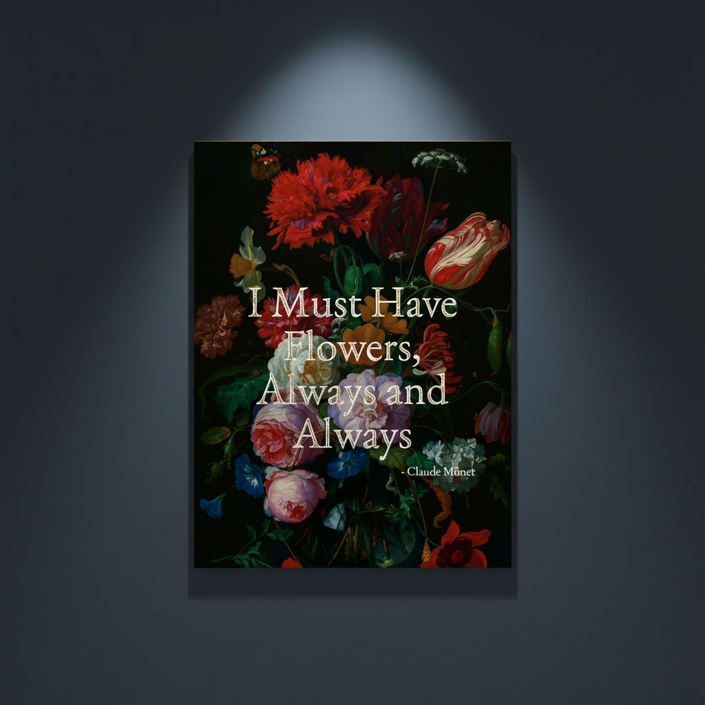 Fine Art Print Floral still life painting with a motivational quote in gold metallic foil text hanging on blue-gray background with spotlight lighting effect.