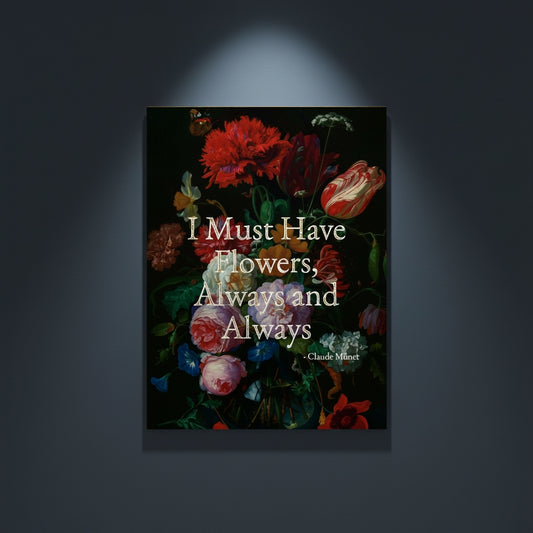 Fine Art Print Floral still life painting with a motivational quote in gold metallic foil text hanging on blue-gray background with spotlight lighting effect.