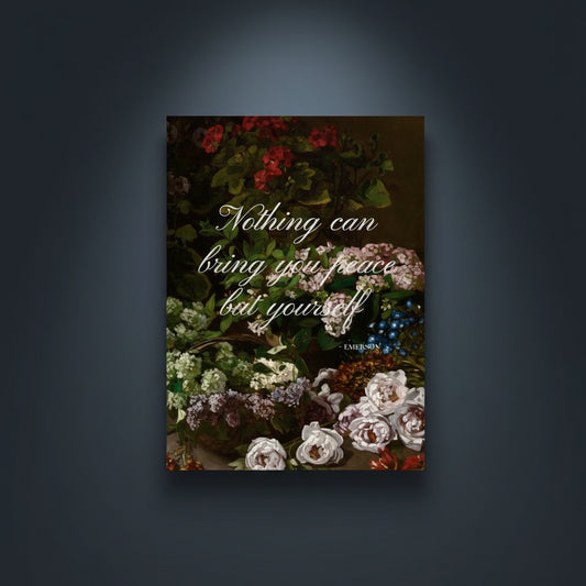 Fine Art Print Floral still life painting with a motivational quote in gold metallic foil text hanging on blue-gray background with spotlight lighting effect.