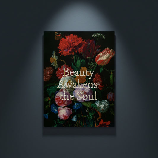 Fine Art Print Floral still life painting with a motivational quote in gold metallic foil text hanging on blue-gray background with spotlight lighting effect.