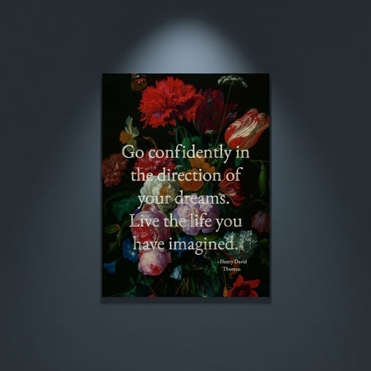 Fine Art Print Floral still life painting with a motivational quote in gold metallic foil text hanging on blue-gray background with spotlight lighting effect.