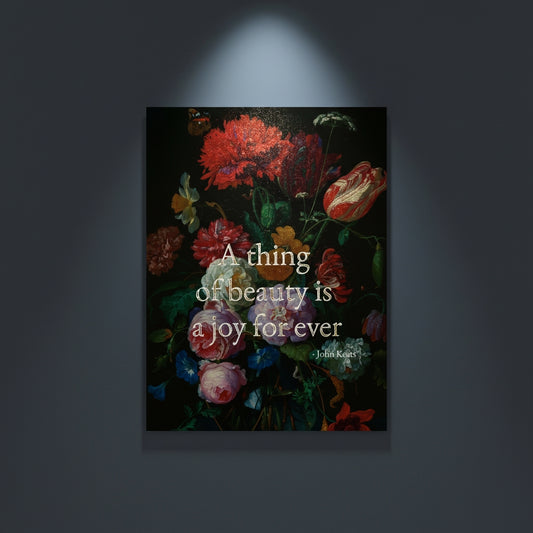 Fine Art Print Floral still life painting with a motivational quote in gold metallic foil text hanging on blue-gray background with spotlight lighting effect.