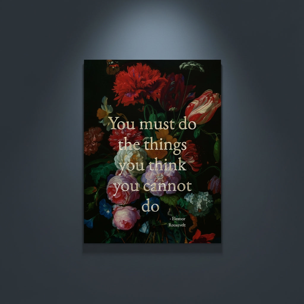 Fine Art Print Floral still life painting with a motivational quote in gold metallic foil text hanging on blue-gray background with spotlight lighting effect.