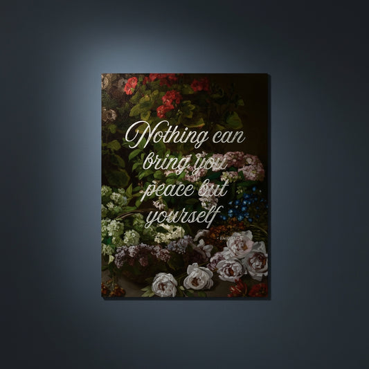 Fine Art Print Floral still life painting with a motivational quote in gold metallic foil text hanging on blue-gray background with spotlight lighting effect.