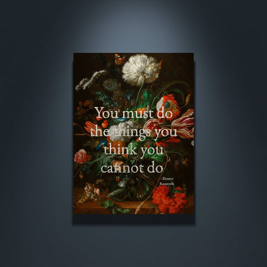 Fine Art Print Floral still life painting with a motivational quote in gold metallic foil text hanging on blue-gray background with spotlight lighting effect. 