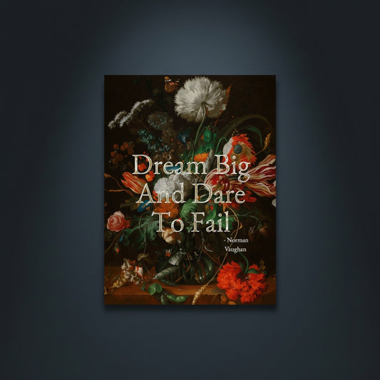 Fine Art Print Floral still life painting with a motivational quote in gold metallic foil text hanging on blue-gray background with spotlight lighting effect.