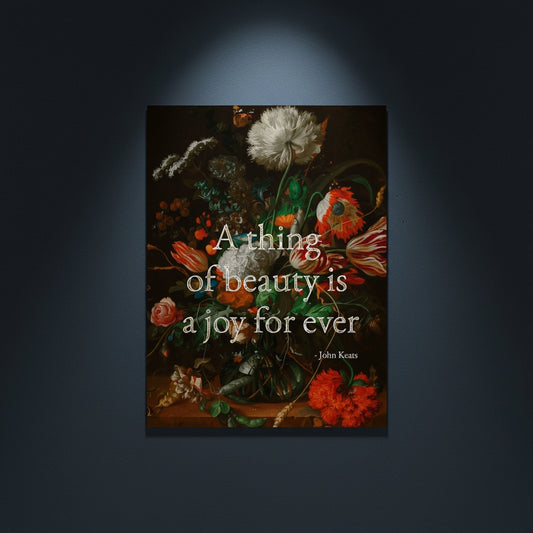 Fine Art Print Floral still life painting with a motivational quote in gold metallic foil text hanging on blue-gray background with spotlight lighting effect.