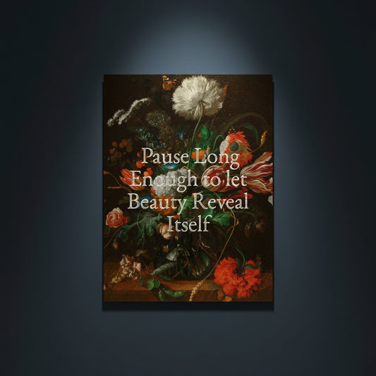 Fine Art Print Floral still life painting with a motivational quote in gold metallic foil text hanging on blue-gray background with spotlight lighting effect.