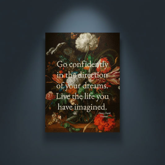 Fine Art Print Floral still life painting with a motivational quote in gold metallic foil text hanging on blue-gray background with spotlight lighting effect. 