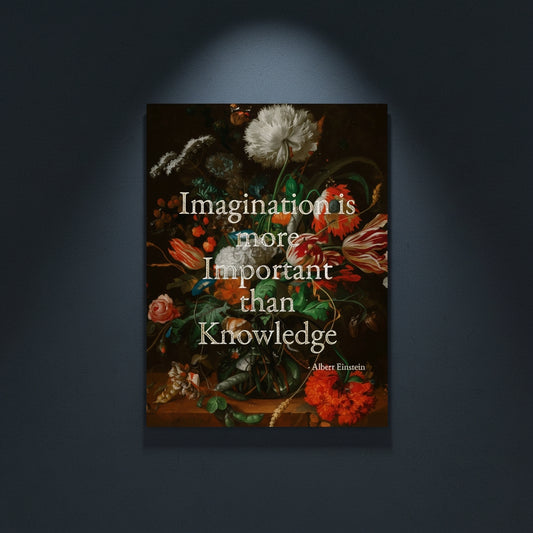 Fine Art Print Floral still life painting with a motivational quote in gold metallic foil text hanging on blue-gray background with spotlight lighting effect.