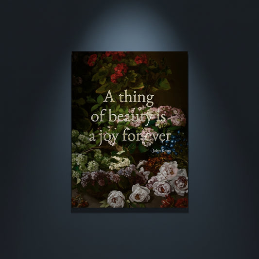 Fine Art Print Floral still life painting with a motivational quote in gold metallic foil text hanging on blue-gray background with spotlight lighting effect.