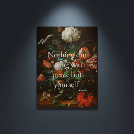 Fine Art Print Floral still life painting with a motivational quote in gold metallic foil text hanging on blue-gray background with spotlight lighting effect.