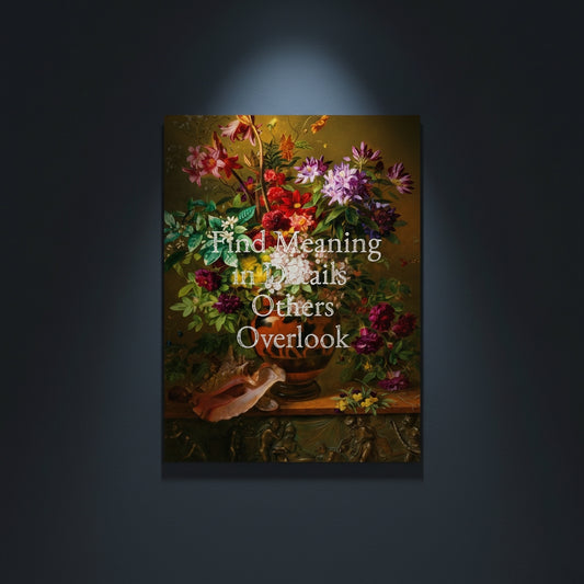 Fine Art Print Floral still life painting with a motivational quote in gold metallic foil text hanging on blue-gray background with spotlight lighting effect. 