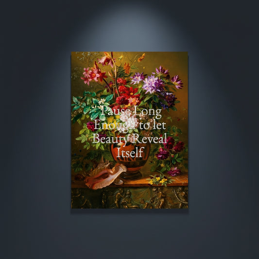 Fine Art Print Floral still life painting with a motivational quote in gold metallic foil text hanging on blue-gray background with spotlight lighting effect. 