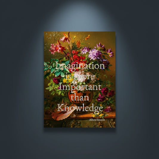 Fine Art Print Floral still life painting with a motivational quote in gold metallic foil text hanging on blue-gray background with spotlight lighting effect. 