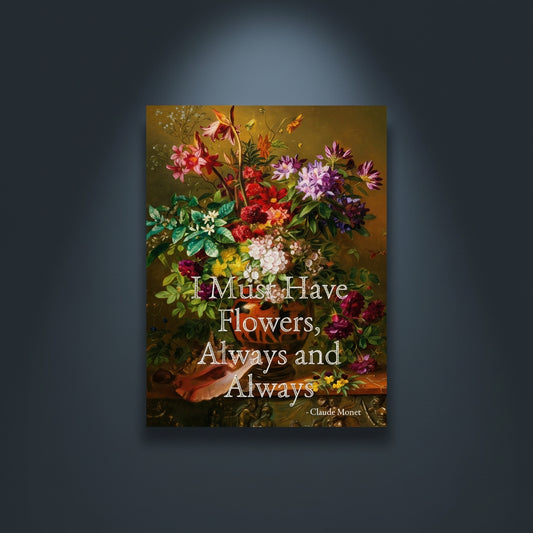 Fine Art Print Floral still life painting with a motivational quote in gold metallic foil text hanging on blue-gray background with spotlight lighting effect. 