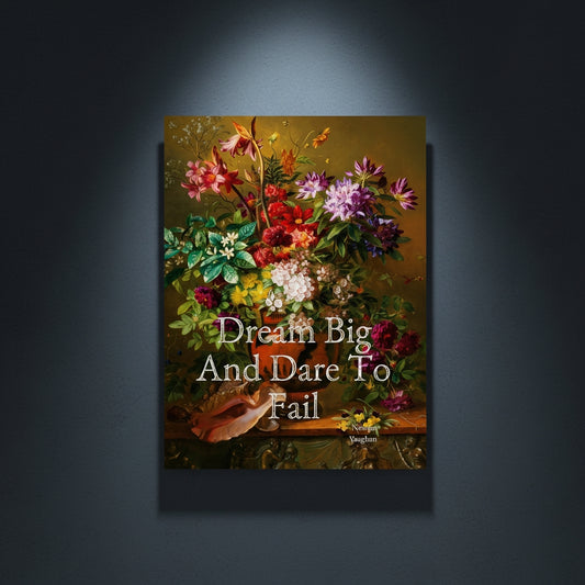 Fine Art Print Floral still life painting with a motivational quote in gold metallic foil text hanging on blue-gray background with spotlight lighting effect. 