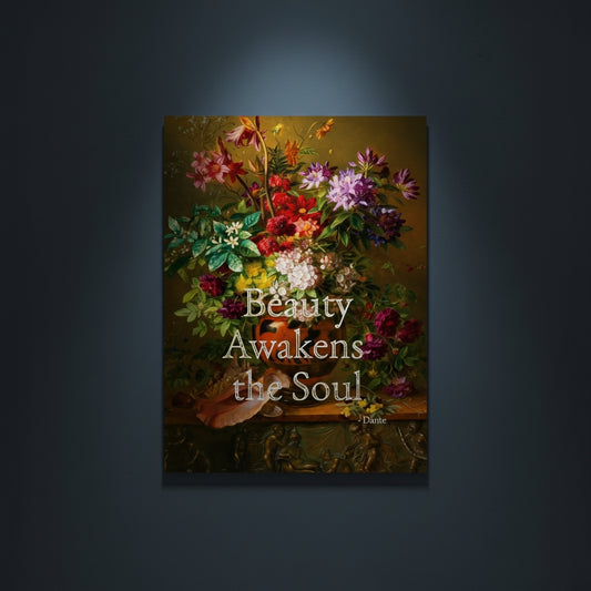 Fine Art Print Floral still life painting with a motivational quote in gold metallic foil text hanging on blue-gray background with spotlight lighting effect. 