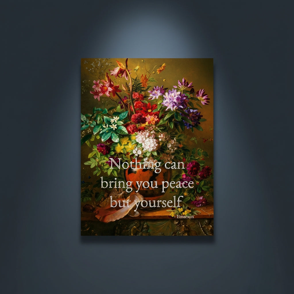 Fine Art Print Floral still life painting with a motivational quote in gold metallic foil text hanging on blue-gray background with spotlight lighting effect. 