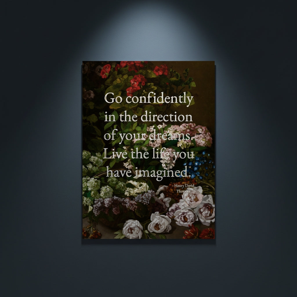 Fine Art Print Floral still life painting with a motivational quote in gold metallic foil text hanging on blue-gray background with spotlight lighting effect.