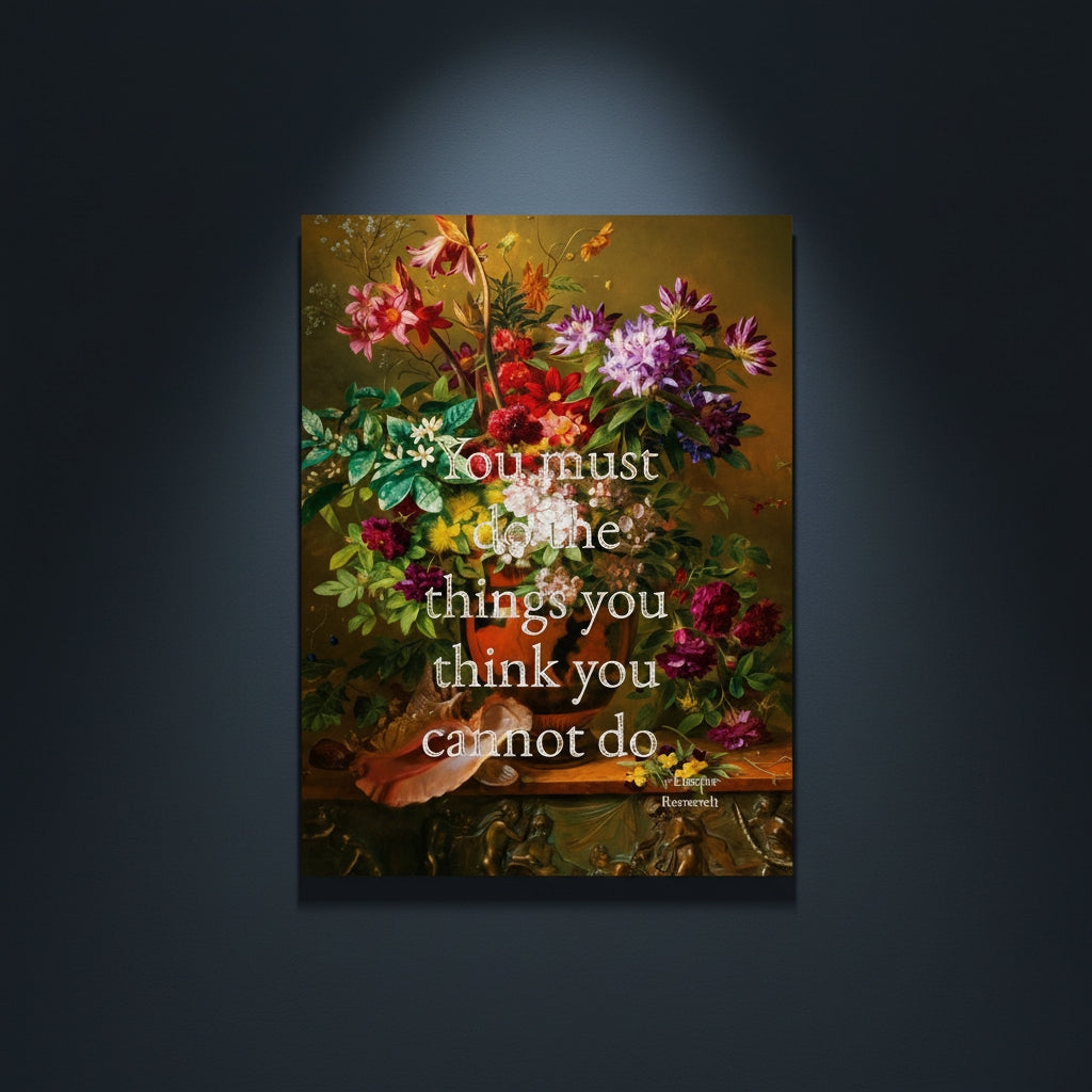 Fine Art Print Floral still life painting with a motivational quote in gold metallic foil text hanging on blue-gray background with spotlight lighting effect.