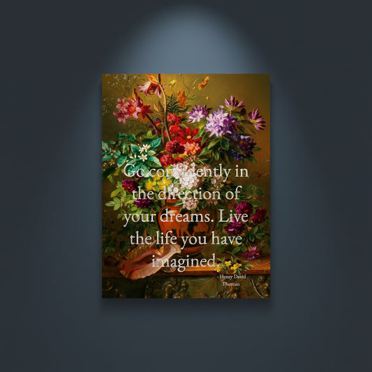 Fine Art Print Floral still life painting with a motivational quote in gold metallic foil text hanging on blue-gray background with spotlight lighting effect. 