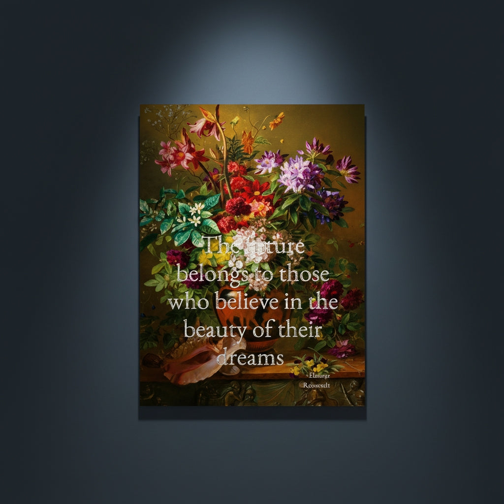 Fine Art Print Floral still life painting with a motivational quote in gold metallic foil text hanging on blue-gray background with spotlight lighting effect.