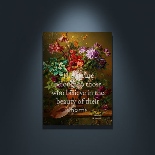 Fine Art Print Floral still life painting with a motivational quote in gold metallic foil text hanging on blue-gray background with spotlight lighting effect.