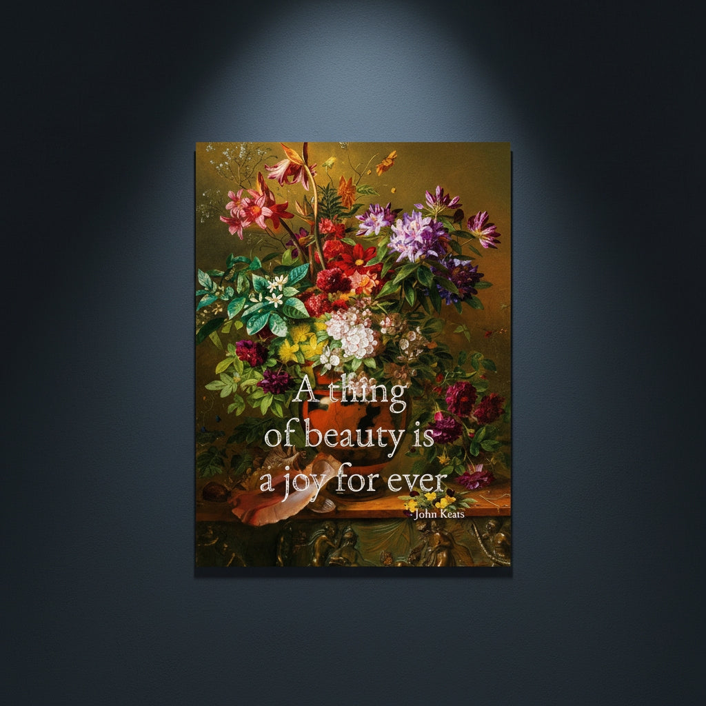 Fine Art Print Floral still life painting with a motivational quote in gold metallic foil text hanging on blue-gray background with spotlight lighting effect. 