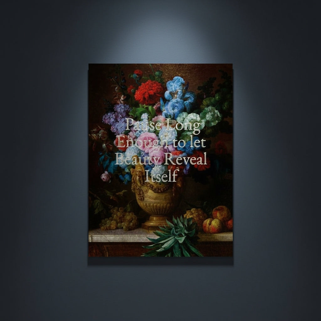 Fine Art Print Floral still life painting with a motivational quote in gold metallic foil text hanging on blue-gray background with spotlight lighting effect. 