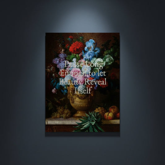 Fine Art Print Floral still life painting with a motivational quote in gold metallic foil text hanging on blue-gray background with spotlight lighting effect. 