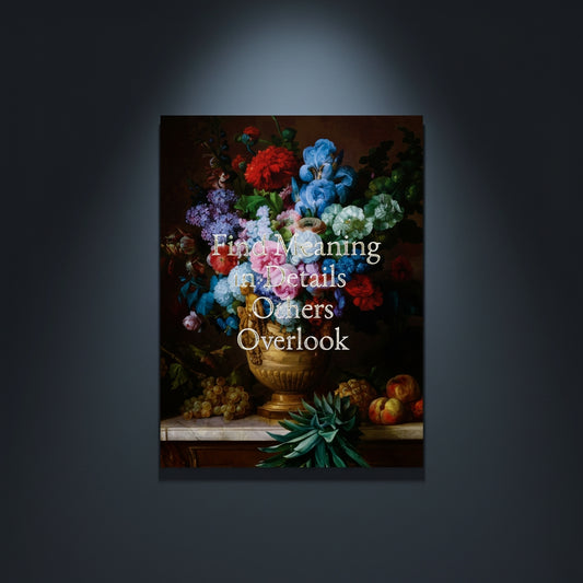 Fine Art Print Floral still life painting with a motivational quote in gold metallic foil text hanging on blue-gray background with spotlight lighting effect. 