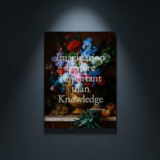 Fine Art Print Floral still life painting with a motivational quote in gold metallic foil text hanging on blue-gray background with spotlight lighting effect. 