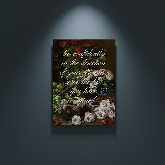 Fine Art Print Floral still life painting with a motivational quote in gold metallic foil text hanging on blue-gray background with spotlight lighting effect.