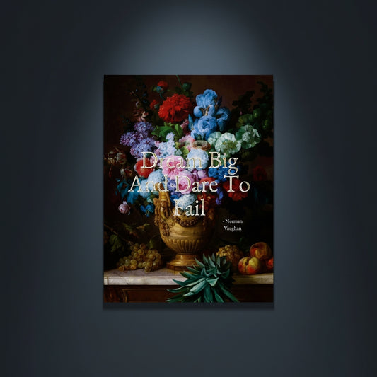 Fine Art Print Floral still life painting with a motivational quote in gold metallic foil text hanging on blue-gray background with spotlight lighting effect. 