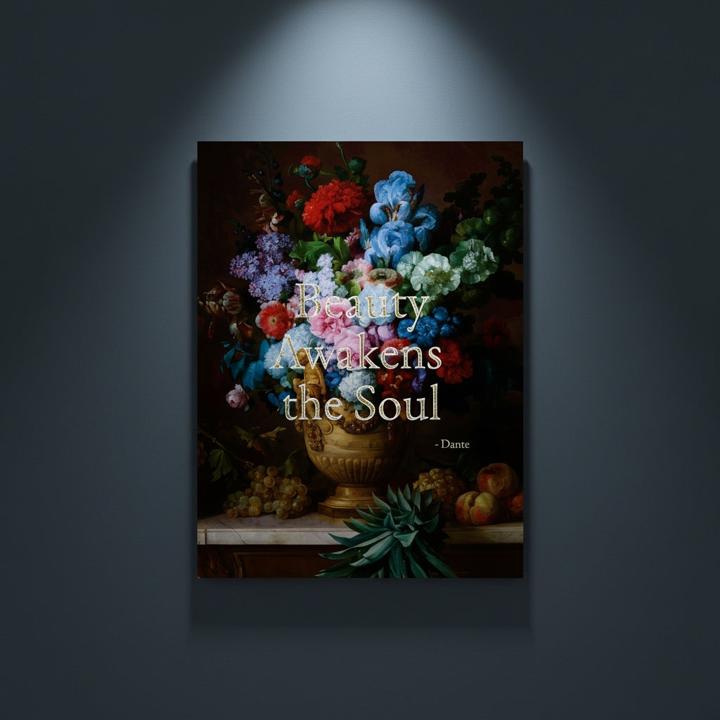 Fine Art Print Floral still life painting with a motivational quote in gold metallic foil text hanging on blue-gray background with spotlight lighting effect. 