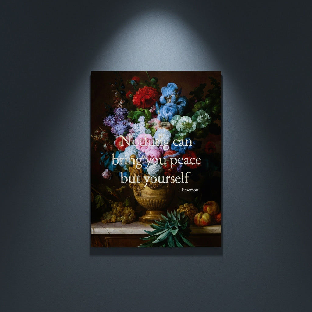 Fine Art Print Floral still life painting with a motivational quote in gold metallic foil text hanging on blue-gray background with spotlight lighting effect.