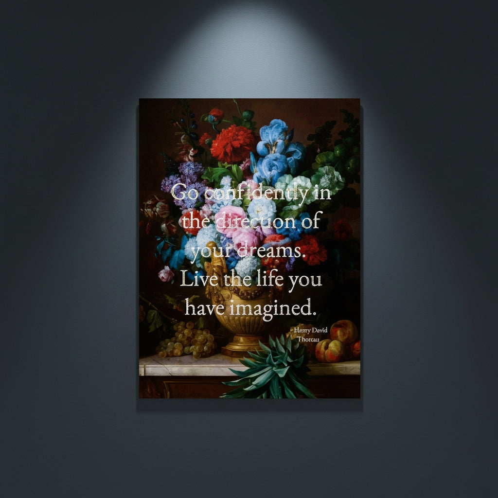 Fine Art Print Floral still life painting with a motivational quote in gold metallic foil text hanging on blue-gray background with spotlight lighting effect. 